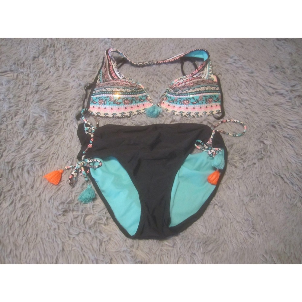 Catalina Swim Set Womens L Multicolor Floral Bikini Bralette Tassel Padded
